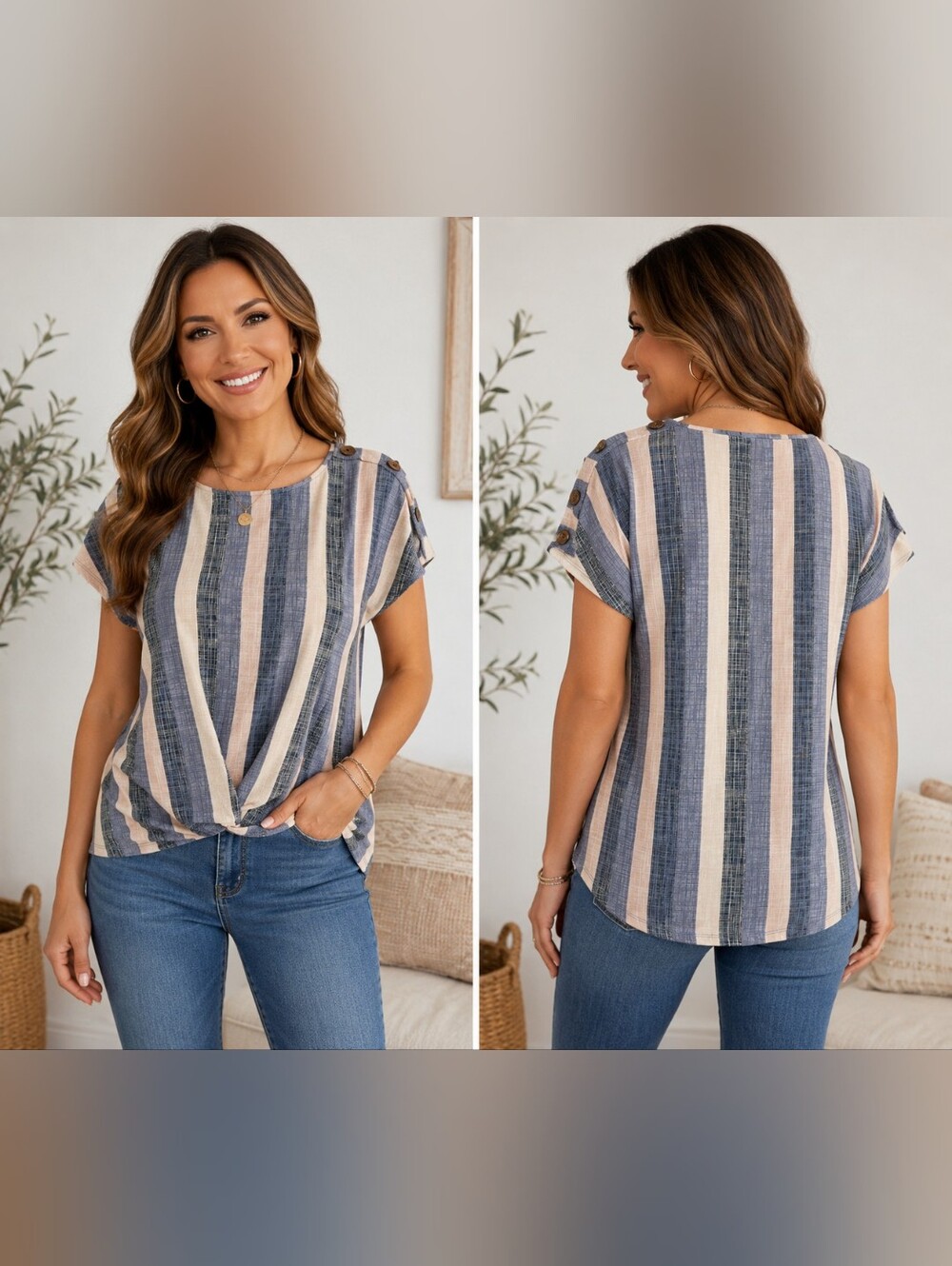 Tru Self Striped Button-Shoulder Accent Short Sleeve Top - Blue & Cream